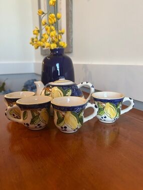 Ceramic Teapot and 4 cups Hand painted Lemon design Vintage artisan tea set